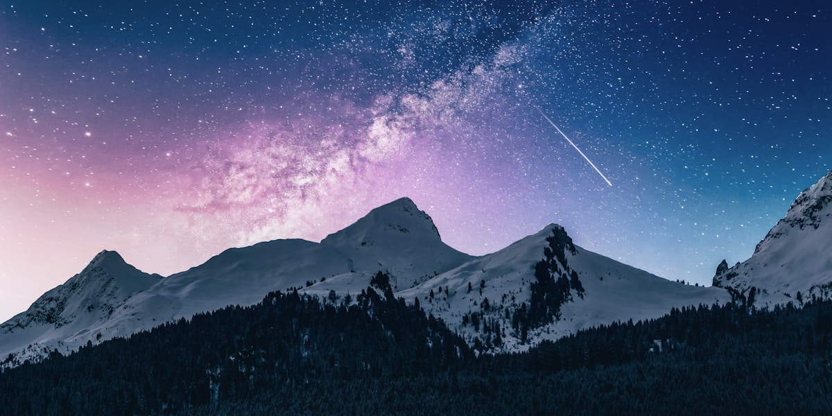 Starry night sky over snow-capped mountains