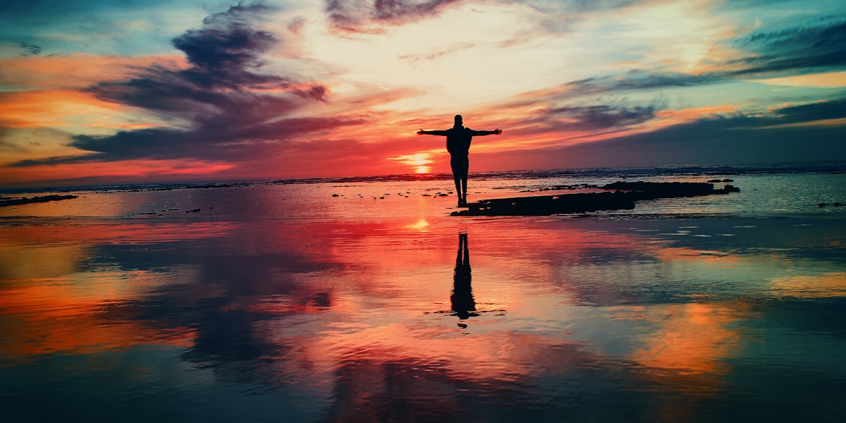 A person standing before a vast sunset