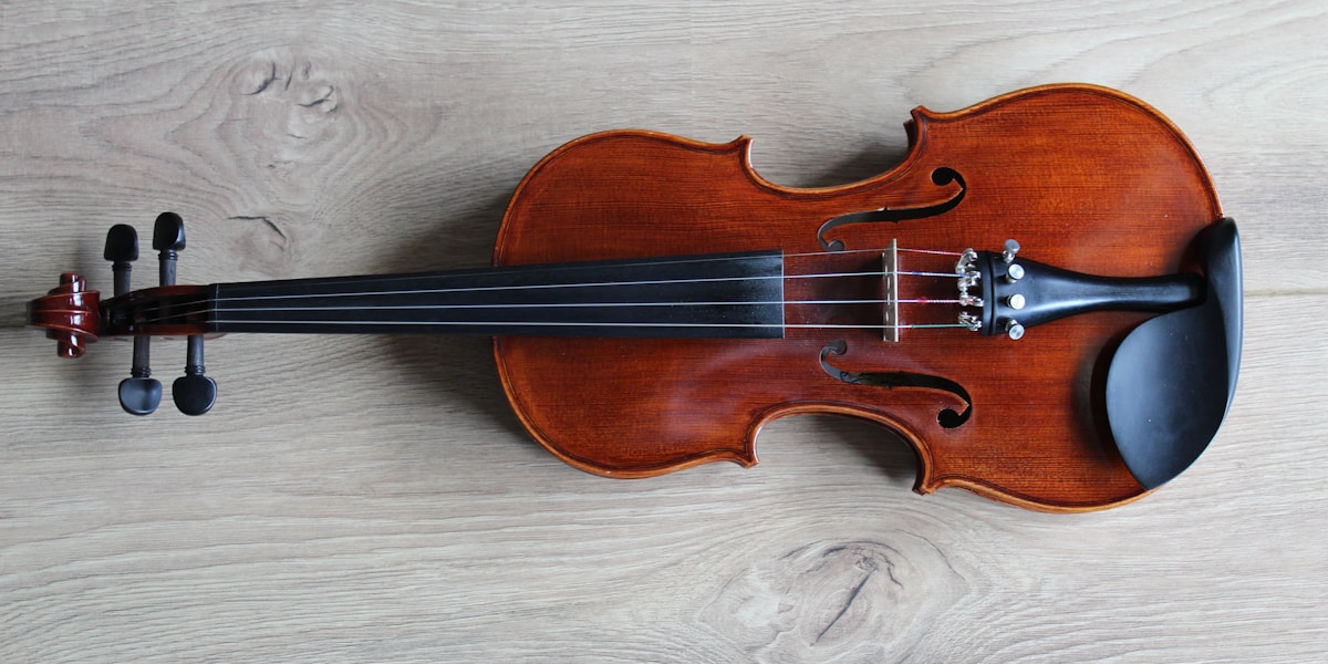 A violin resting in warm light